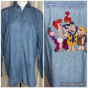 Blitzz Studios Vintage Hanna Barbera Flintstones Embroidered Denim Button Shirt